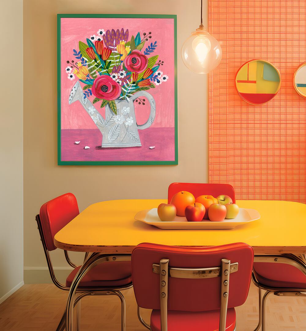 Brightly colored floral painting featuring a watering can with flowers, perfect for vibrant home decor. WATERING CAN WITH FLOWERS, FLORAL FLOWER PAINTINGS.