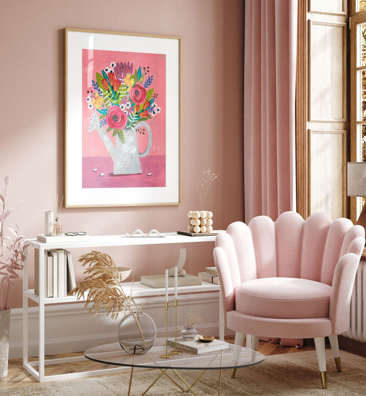 Bright and colorful WATERING CAN WITH FLOWERS, FLORAL FLOWER PAINTINGS by Caroline Bonne Müller, perfect for home decor.