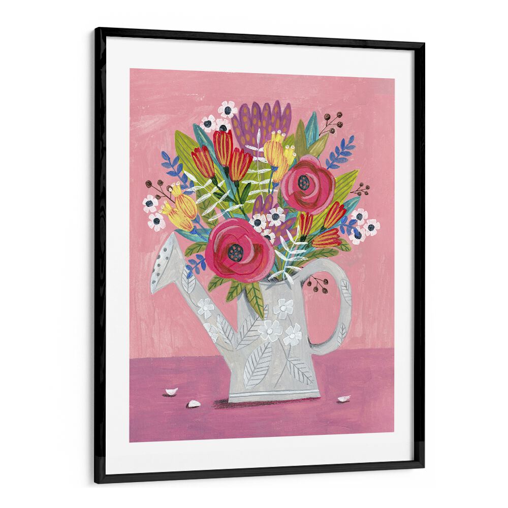 Brightly colored floral painting featuring a watering can with flowers, perfect for home decor. WATERING CAN WITH FLOWERS, FLORAL FLOWER PAINTINGS.