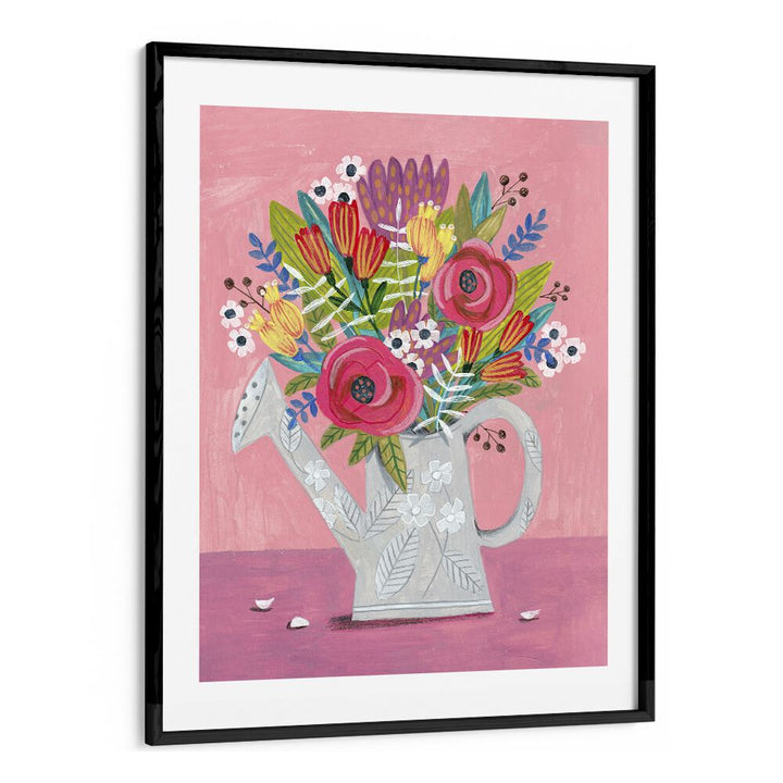 Brightly colored floral painting featuring a watering can with flowers, perfect for home decor. WATERING CAN WITH FLOWERS, FLORAL FLOWER PAINTINGS.