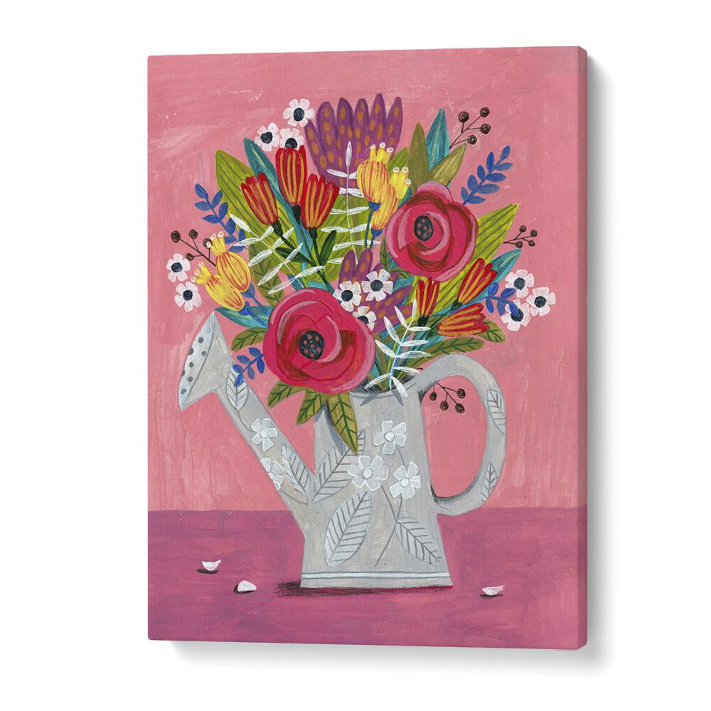 Brightly painted watering can with flowers, showcasing "WATERING CAN WITH FLOWERS, FLORAL FLOWER PAINTINGS" design.