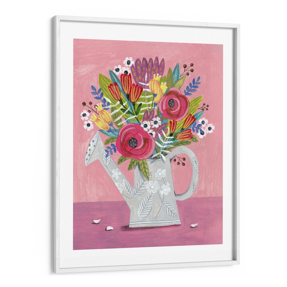 Bright watercolor art featuring a watering can with flowers, ideal for floral flower paintings lovers.