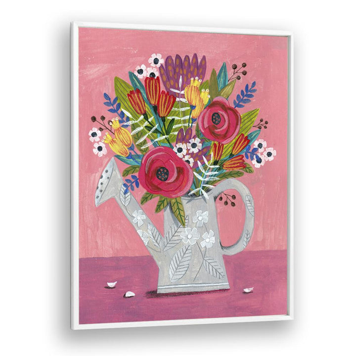 Bright floral painting featuring a watering can, titled "WATERING CAN WITH FLOWERS, FLORAL FLOWER PAINTINGS."