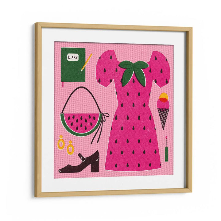 Vibrant WATERMELON, FASHION POSTERS by Julia Leister showcase a stylish pink dress and playful accessories.