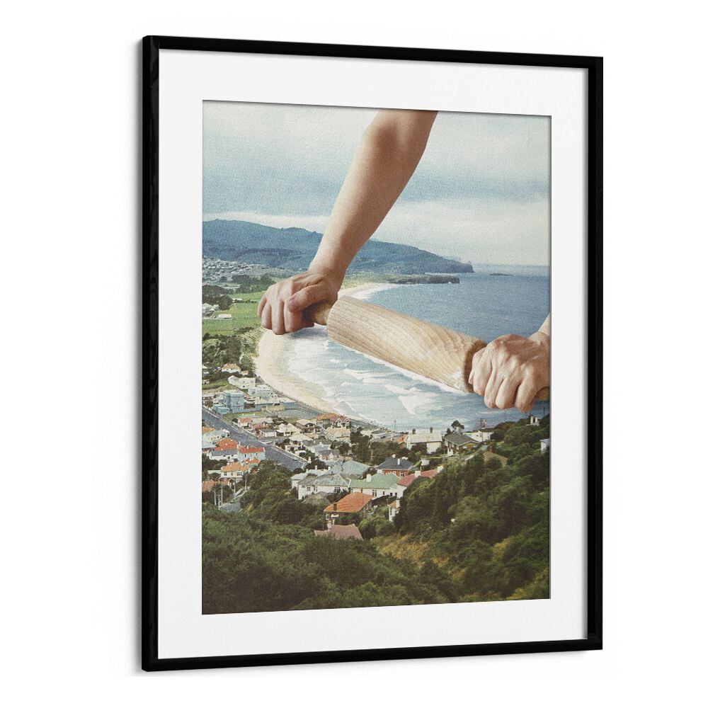 WAVES ROLLER, SURREAL ART PRINTS by Vertigo Artography, showcasing dreamlike coastal scenery in a stylish black frame.