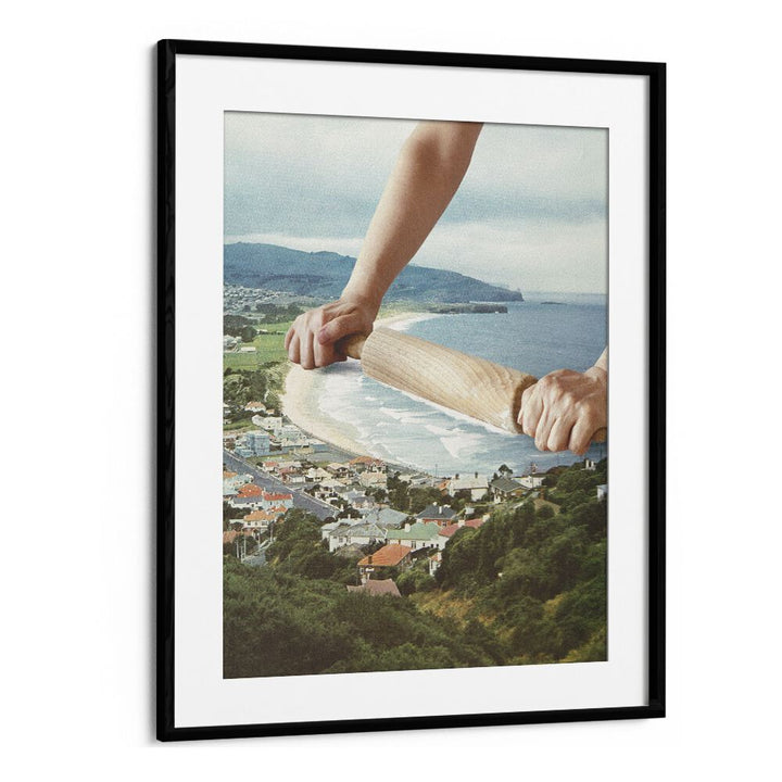 WAVES ROLLER, SURREAL ART PRINTS by Vertigo Artography, showcasing dreamlike coastal scenery in a stylish black frame.