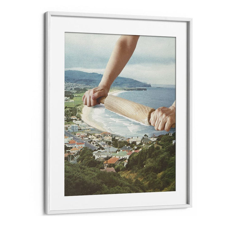 Waves Roller, Surreal Art Prints by Vertigo Artography, features dreamlike coastal imagery in a stunning white frame.