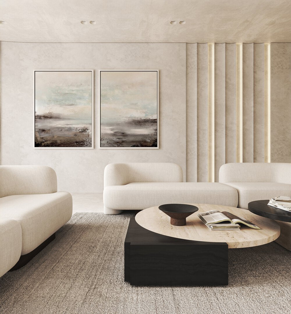 Transform your space with the WAVES SET, SET OF 2 PAINTINGS, featuring serene abstract seascapes and coastal elegance.