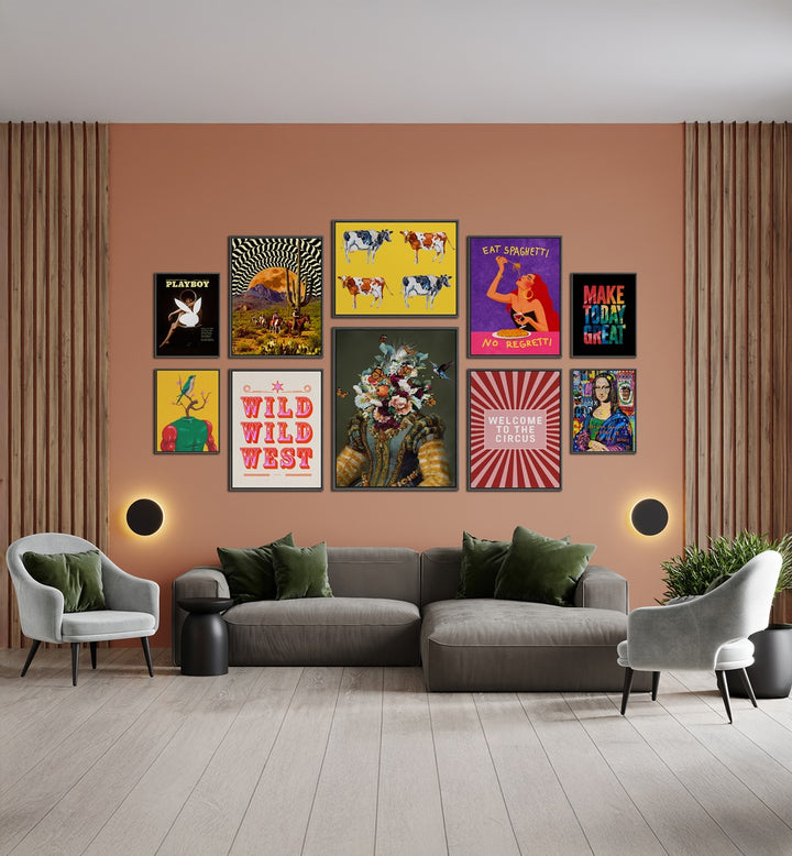 Vibrant WELCOME TO THE CIRCUS GALLERY, GALLERY WALLS enhance any modern living space with unique framed art pieces.