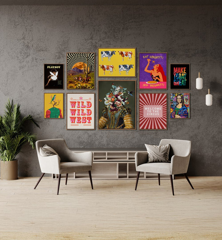 Vibrant artwork from the WELCOME TO THE CIRCUS GALLERY, GALLERY WALLS adds energy to any modern living space.