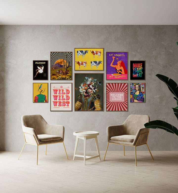 Vibrant WELCOME TO THE CIRCUS GALLERY, GALLERY WALLS display, enhancing modern spaces with eclectic framed art.