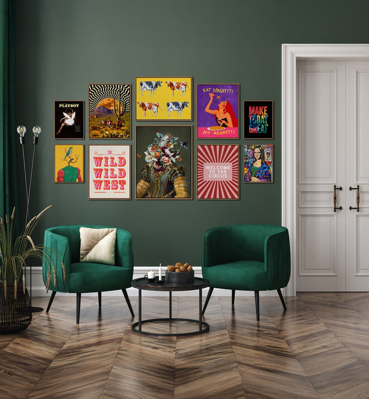Vibrant WELCOME TO THE CIRCUS GALLERY , GALLERY WALLS decor adds energy to modern living spaces with eclectic art.