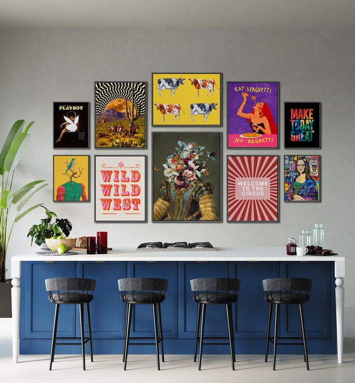 Vibrant WELCOME TO THE CIRCUS GALLERY, GALLERY WALLS transforms modern spaces with eclectic framed art pieces.