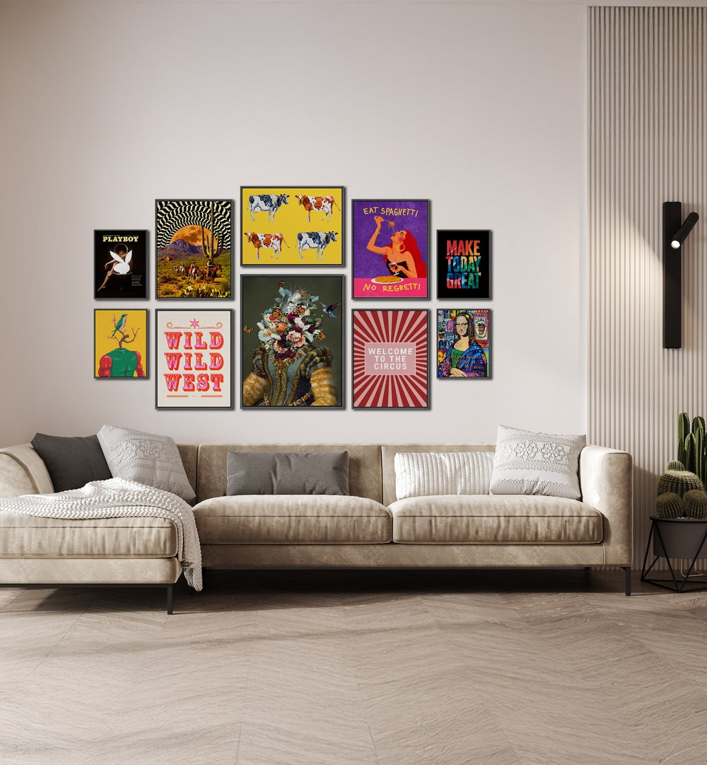 Vibrant WELCOME TO THE CIRCUS GALLERY, GALLERY WALLS add personality to modern living spaces with framed art pieces.