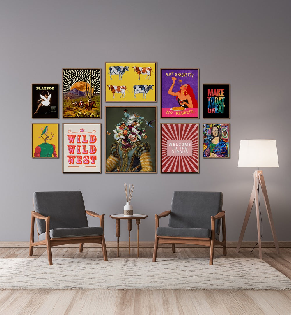 Vibrant WELCOME TO THE CIRCUS GALLERY, GALLERY WALLS adorn a modern space with eclectic framed art pieces.