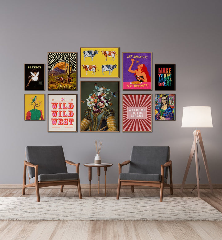 Vibrant WELCOME TO THE CIRCUS GALLERY, GALLERY WALLS adorn a modern space with eclectic framed art pieces.