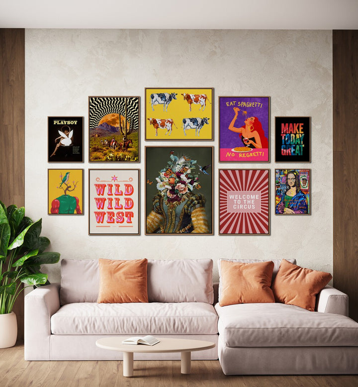 Vibrant WELCOME TO THE CIRCUS GALLERY, GALLERY WALLS showcasing eclectic framed art for a lively living space.