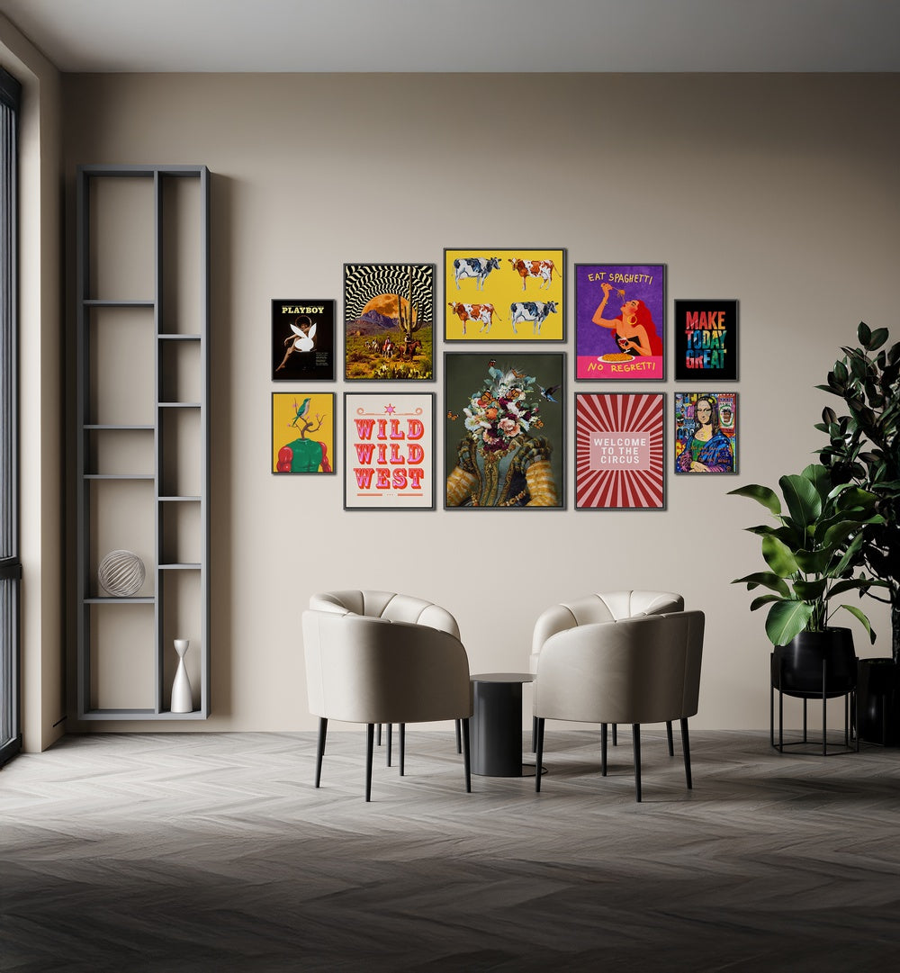 Vibrant WELCOME TO THE CIRCUS GALLERY, GALLERY WALLS brighten modern spaces with eclectic framed art pieces.