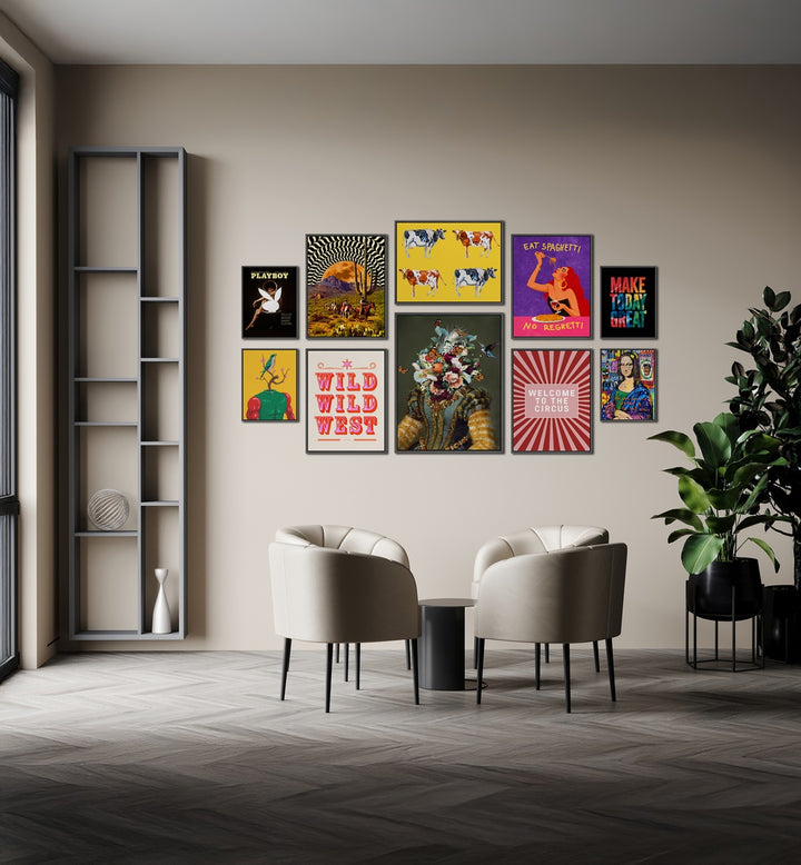 Vibrant WELCOME TO THE CIRCUS GALLERY, GALLERY WALLS brighten modern spaces with eclectic framed art pieces.