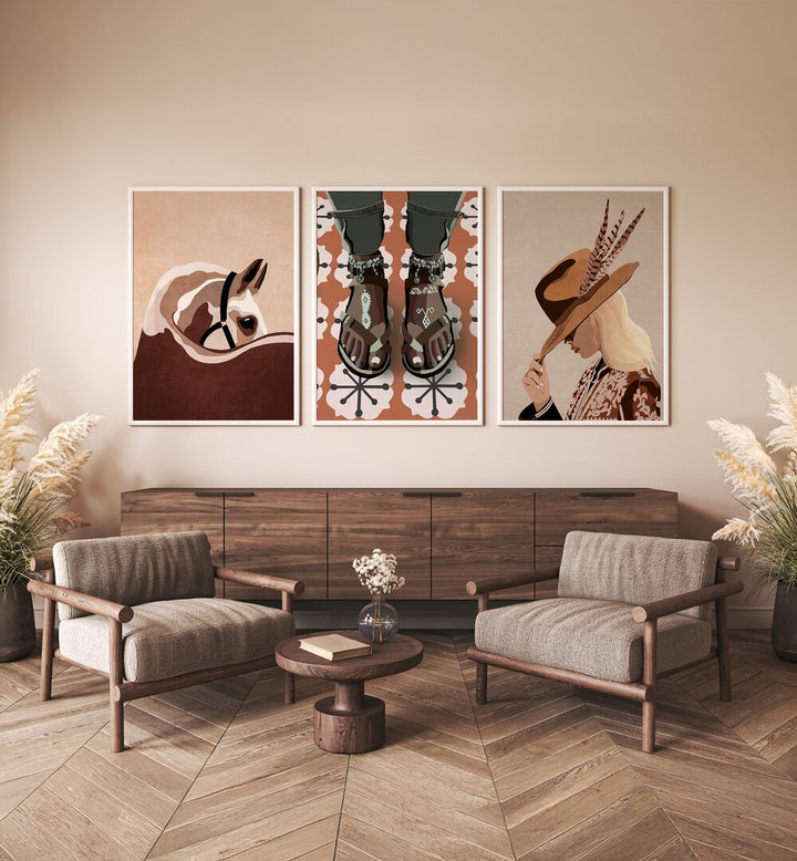 Enhance your space with the WESTERN SOUL SET, SET OF 3 PAINTINGS, showcasing vibrant Wild West artistry.