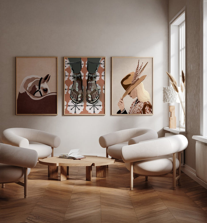 Enhance your decor with the WESTERN SOUL SET, SET OF 3 PAINTINGS, showcasing Wild West spirit and vibrant details.