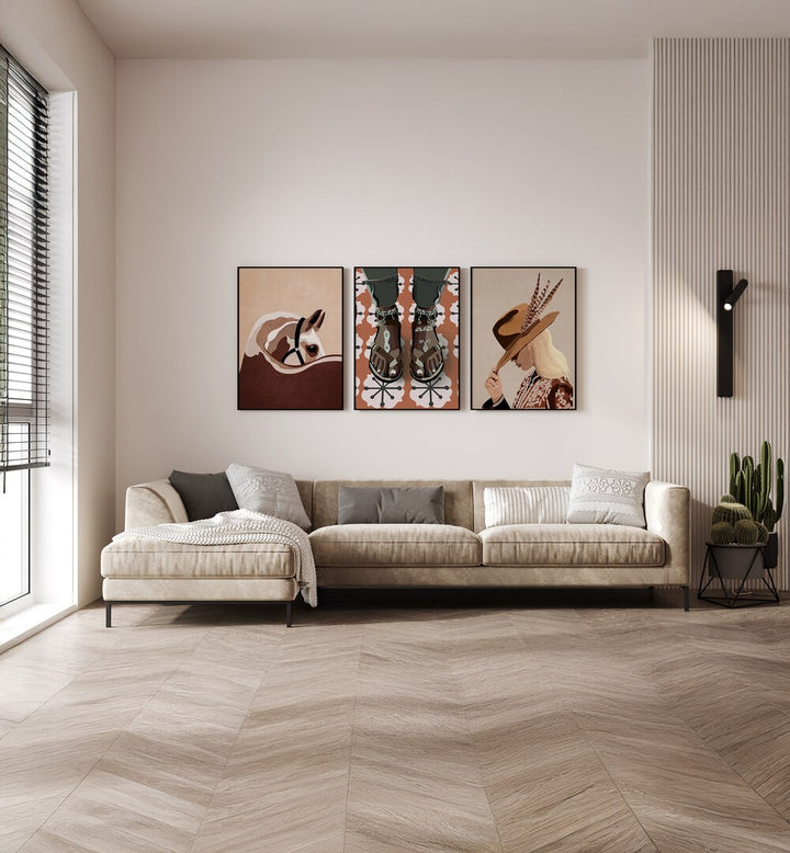 Enhance your space with the WESTERN SOUL SET, SET OF 3 PAINTINGS, showcasing vibrant Wild West artistry.