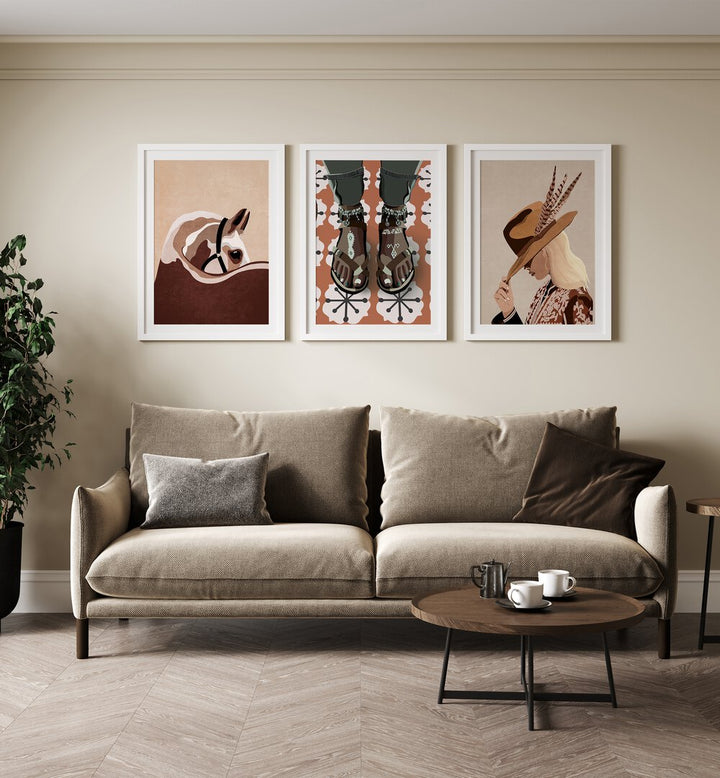 Enhance your decor with the WESTERN SOUL SET, SET OF 3 PAINTINGS, showcasing vibrant Wild West artistry.