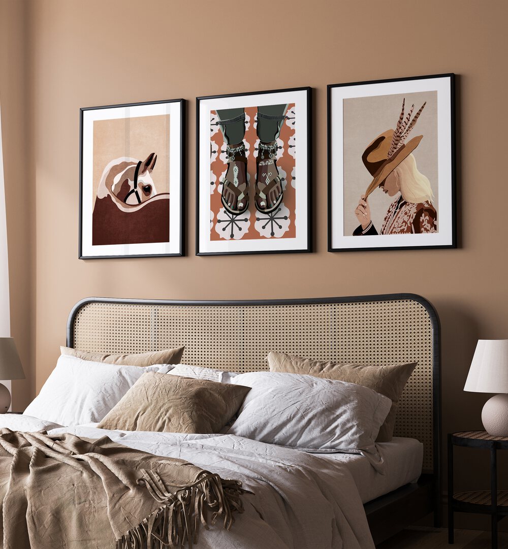 Enhance your decor with the vibrant WESTERN SOUL SET, SET OF 3 PAINTINGS, capturing the essence of the Wild West.