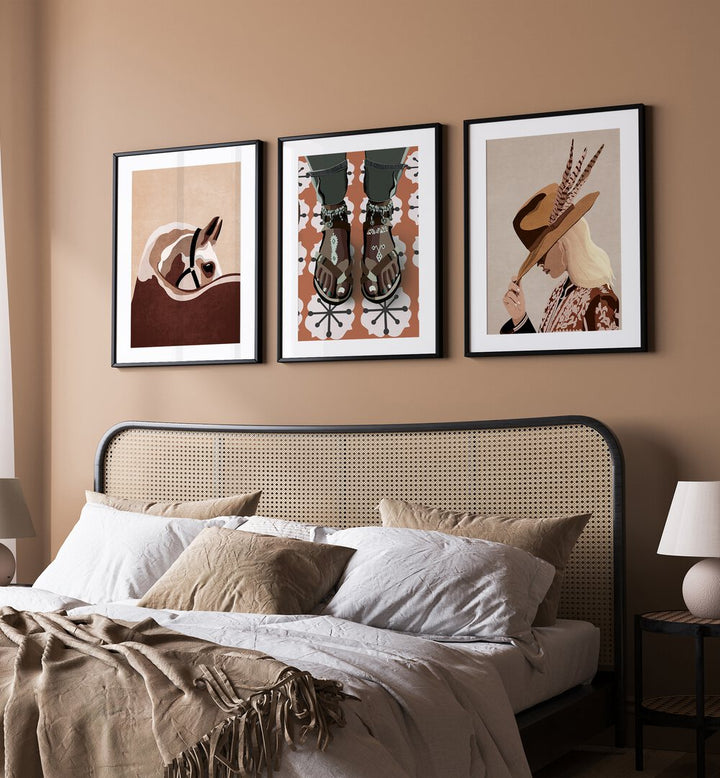 Enhance your decor with the vibrant WESTERN SOUL SET, SET OF 3 PAINTINGS, capturing the essence of the Wild West.