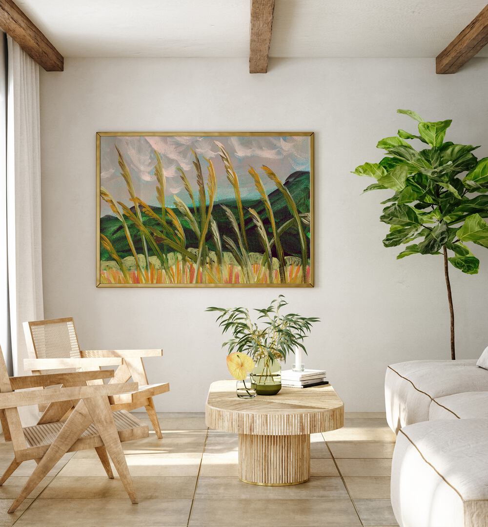 Stunning WHEAT FIELD, LANDSCAPE PAINTINGS adorn a serene space, capturing golden fields swaying gently in the breeze.