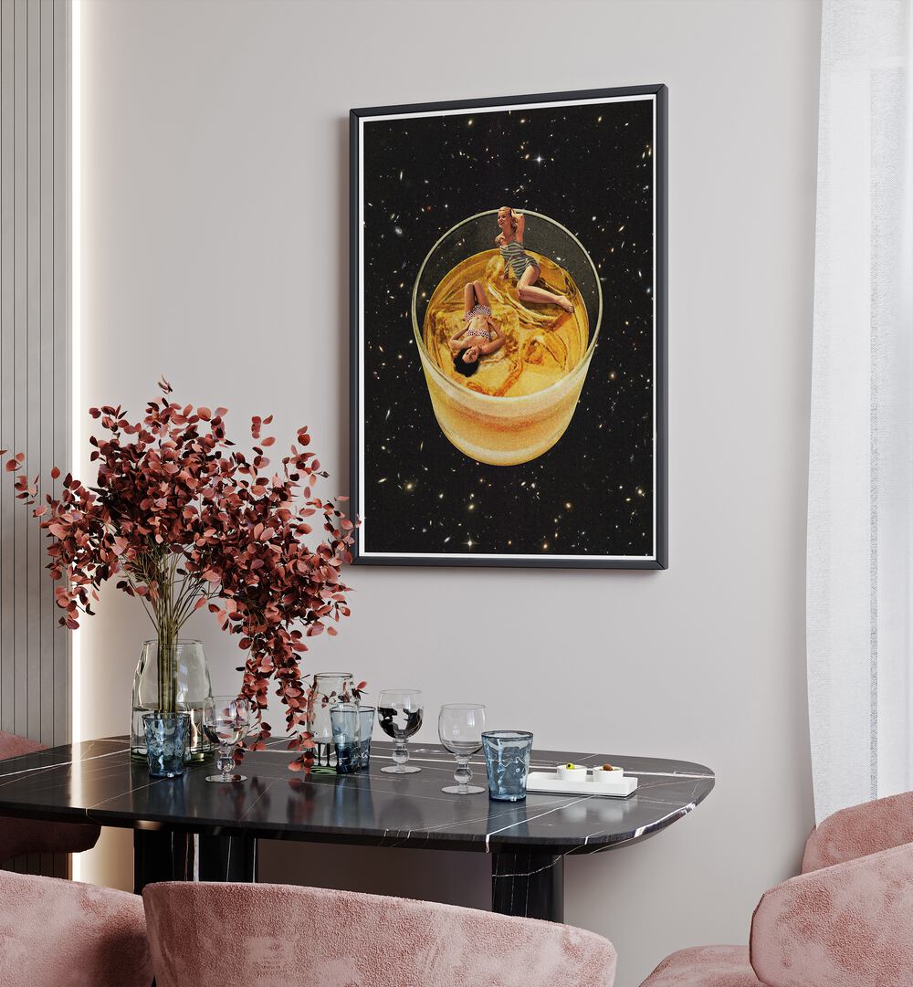 Whisky Besties, Surreal Art Prints by Vertigo Artography, features a whimsical drink scene perfect for modern spaces.