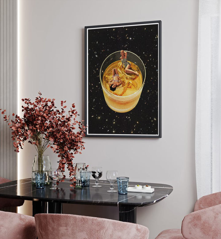 Whisky Besties, Surreal Art Prints by Vertigo Artography, features a whimsical drink scene perfect for modern spaces.
