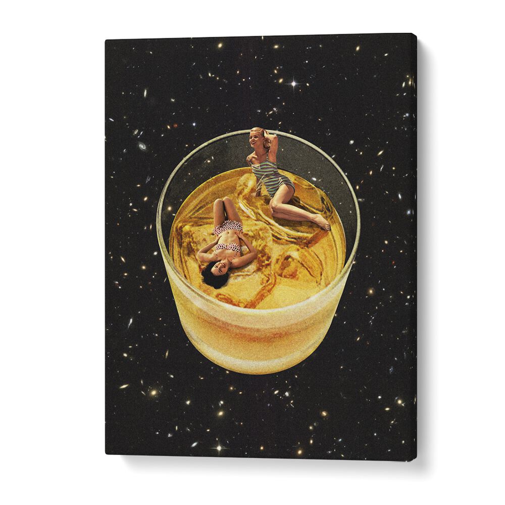 Whisky Besties, surreal art prints featuring vibrant figures in a glass of whisky, perfect for modern decor.