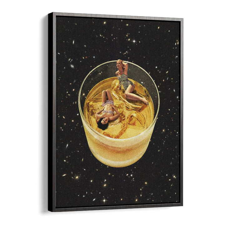 Whisky Besties, surreal art prints featuring playful figures in a glass, adding modern elegance to your space by Vertigo Artography.