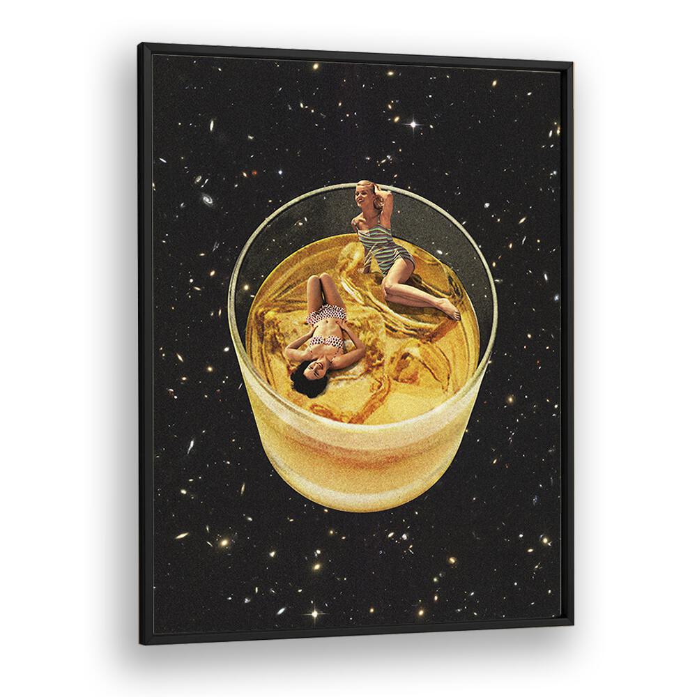 Whisky Besties, Surreal Art Prints featuring a captivating glass of whisky with figures, perfect for modern decor.