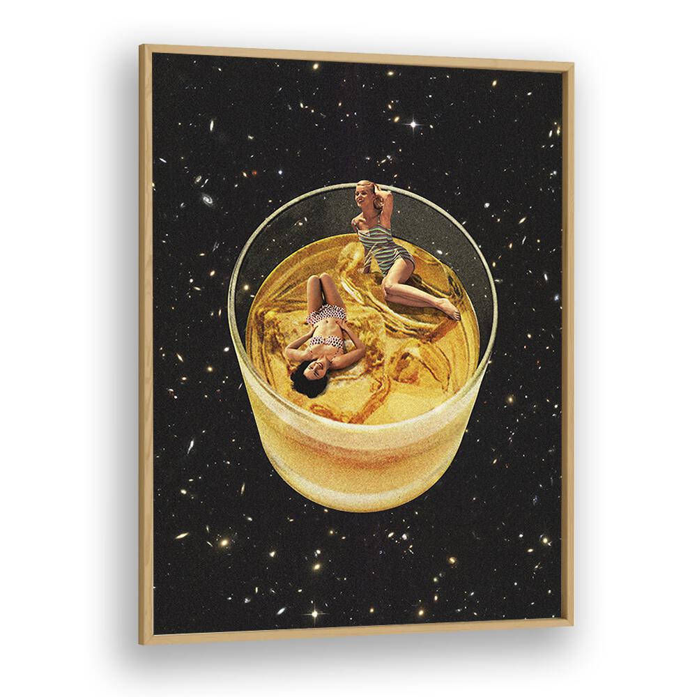 Whisky Besties, surreal art prints featuring two women in a glass of whisky, perfect for modern decor by Vertigo Artography.