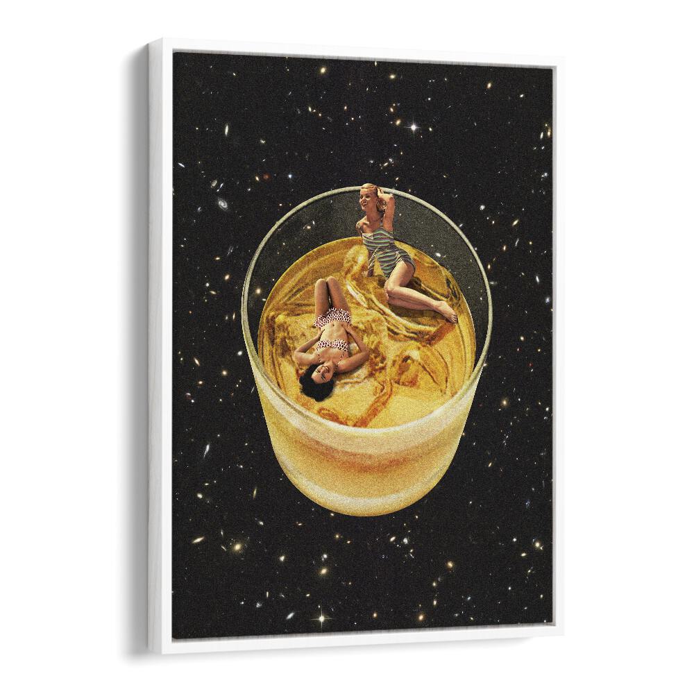 Whisky Besties, Surreal Art Prints showcase two figures relaxing in a glass of whisky, perfect for any modern space.