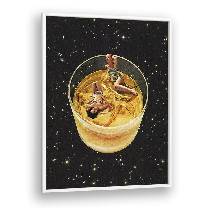 Whisky Besties, Surreal Art Prints showcase women lounging in a glass of whisky, blending elegance and imagination.