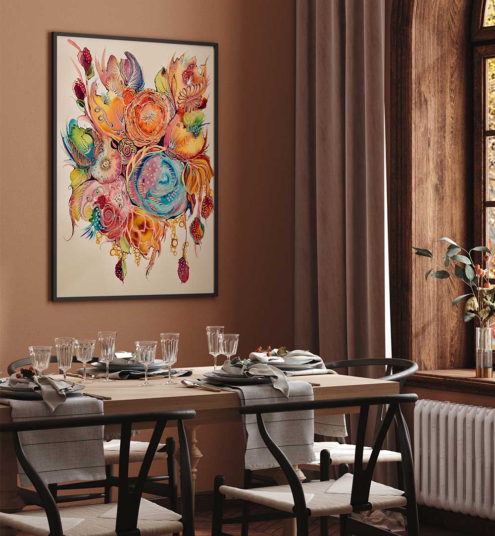 Bright and colorful WHISPER, FLORAL FLOWER PAINTINGS enhancing a dining space with vibrant floral artistry.