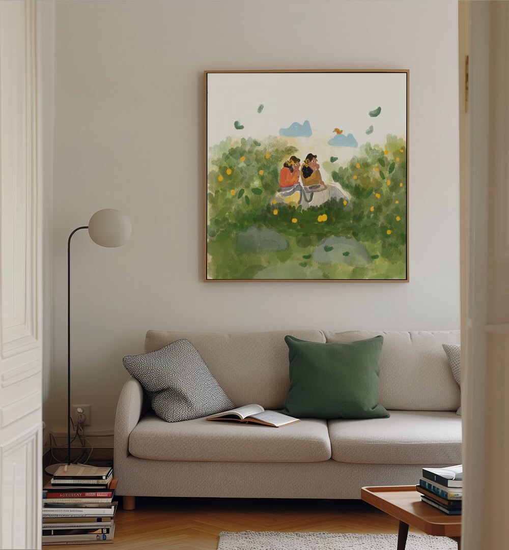 Whispers In The Garden By Shreya Roy Chowdary, Indian Art Paintings Artwork in Oak Wood Floater Frame
placed on a Cream Colored Wall
near a Beige Sofa
in the Living Room