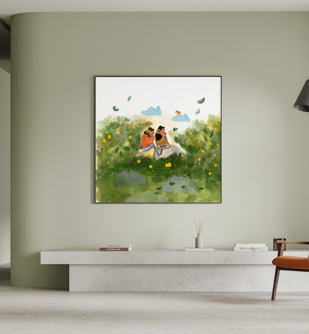 Whispers In The Garden By Shreya Roy Chowdary, Indian Art Paintings Artwork in Black Plain Frame
placed on a Sage Green Colored Wall
placed above a Console Table
in the Drawing Room
