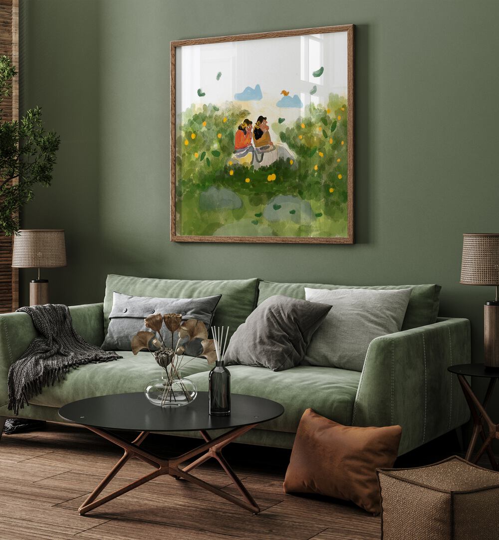 Whispers In The Garden By Shreya Roy Chowdary, Indian Art Paintings Artwork in Oak Wood Plain Frame
placed on a Green Colored Wall
near a Green Sofa
in the Living Room