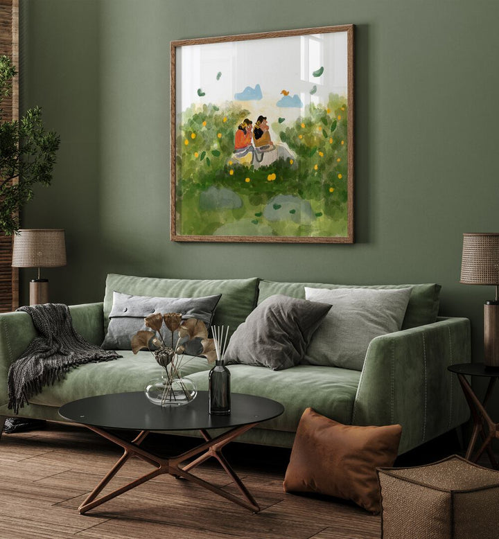 Whispers In The Garden By Shreya Roy Chowdary, Indian Art Paintings Artwork in Oak Wood Plain Frame
placed on a Green Colored Wall
near a Green Sofa
in the Living Room