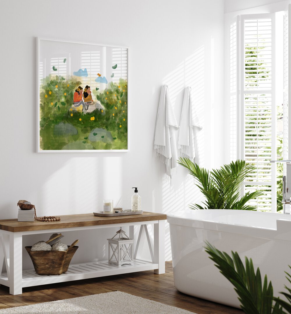 Whispers In The Garden By Shreya Roy Chowdary, Indian Art Paintings Artwork in White Plain Frame
placed on a White Colored Wall
near a Bathtub
in the Bathroom