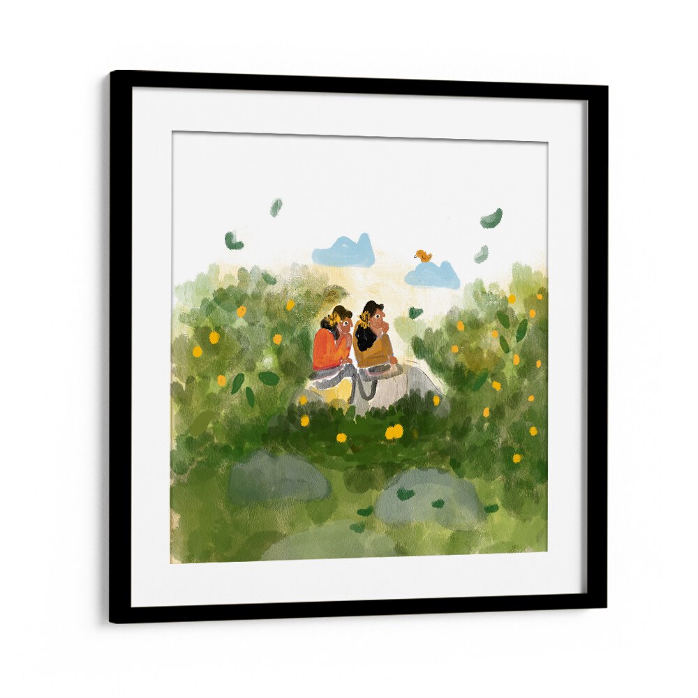 Whispers In The Garden By Shreya Roy Chowdary, Indian Art Paintings Artwork in Black Frame With Mount