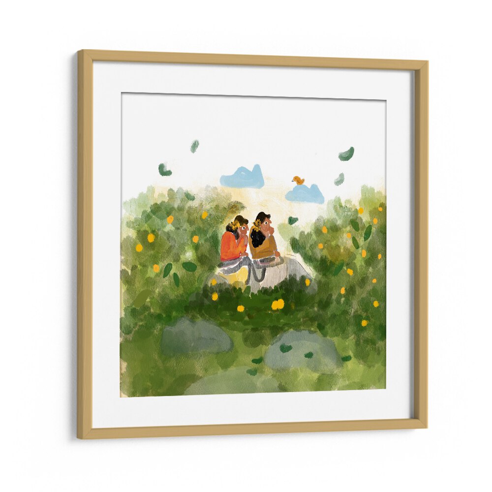 Whispers In The Garden By Shreya Roy Chowdary, Indian Art Paintings Artwork in Oak Wood Frame With Mount