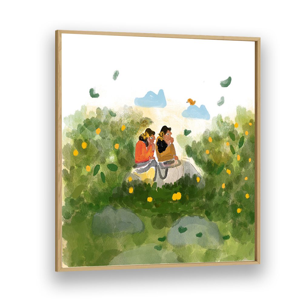 Whispers In The Garden By Shreya Roy Chowdary, Indian Art Paintings Artwork in Oak Wood Plain Frame