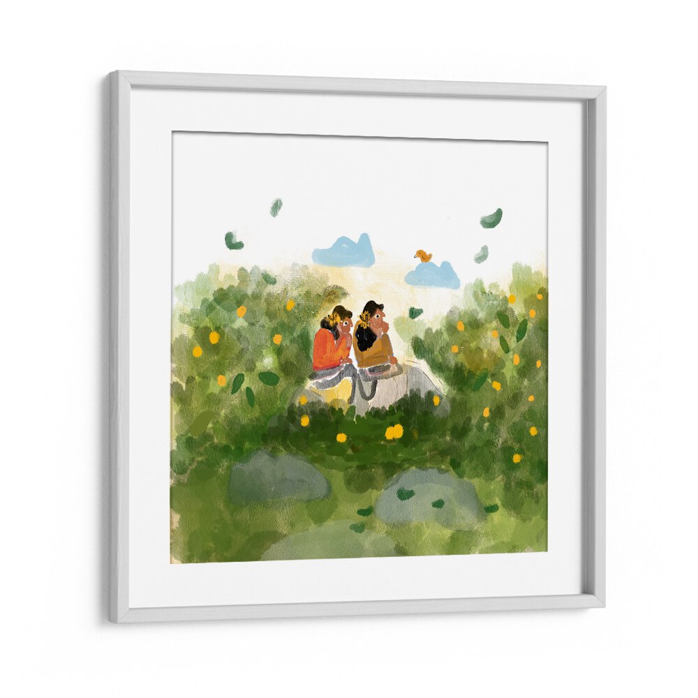 Whispers In The Garden By Shreya Roy Chowdary, Indian Art Paintings Artwork in White Frame With Mount