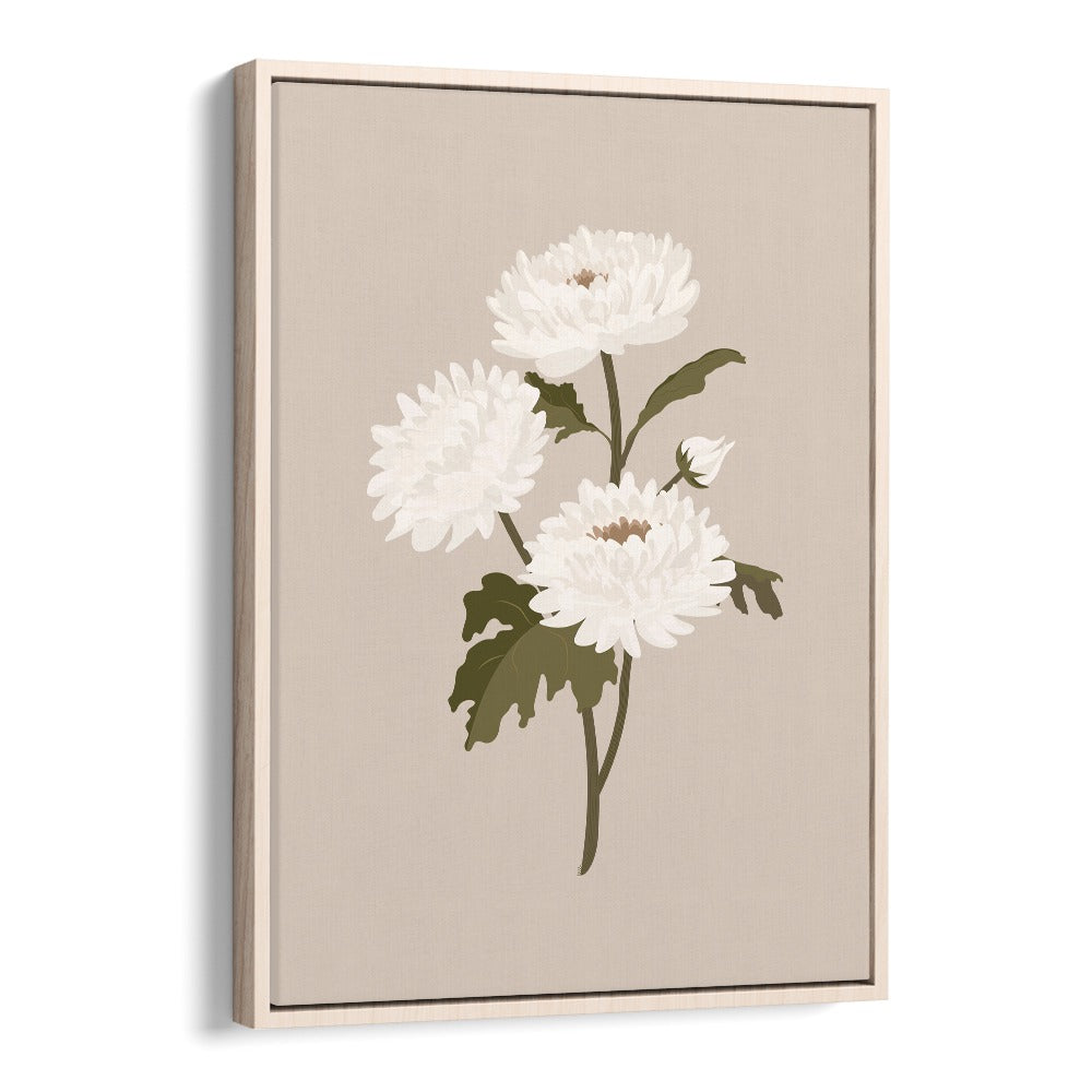 Elegant WHITE FLOWER I, FLORAL FLOWER PAINTINGS art print showcasing jasmine blooms in a chic oak wood floater frame.