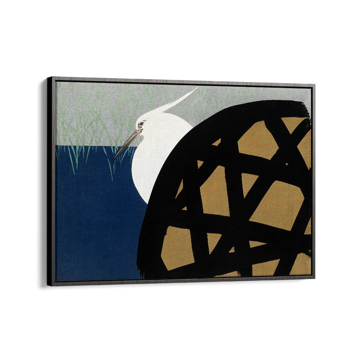 Elegant WHITE HERON (1909) , JAPANESE PAINTINGS art print in a black floater frame, capturing serene Japanese aesthetics.